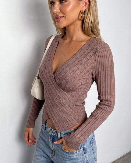 Beige Cable Knit Wrap Sweater