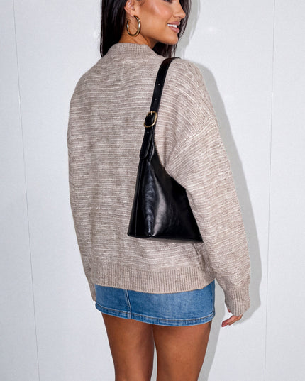 Latte Beige Ribbed Trim Knit Cardigan
