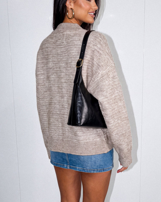 Latte Beige Ribbed Trim Knit Cardigan