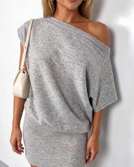 Gray Off Shoulder Drop Waist Sweater Dress