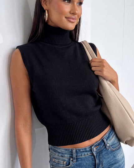 Black Sleeveless High Neck Knit Sweater