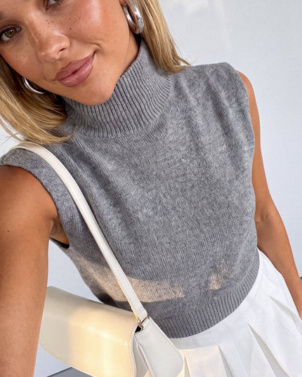 Gray Sleeveless High Neck Knit Sweater