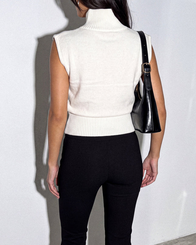 Cream White Sleeveless High Neck Knit Sweater