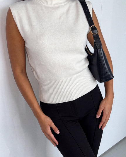 Cream White Sleeveless High Neck Knit Sweater