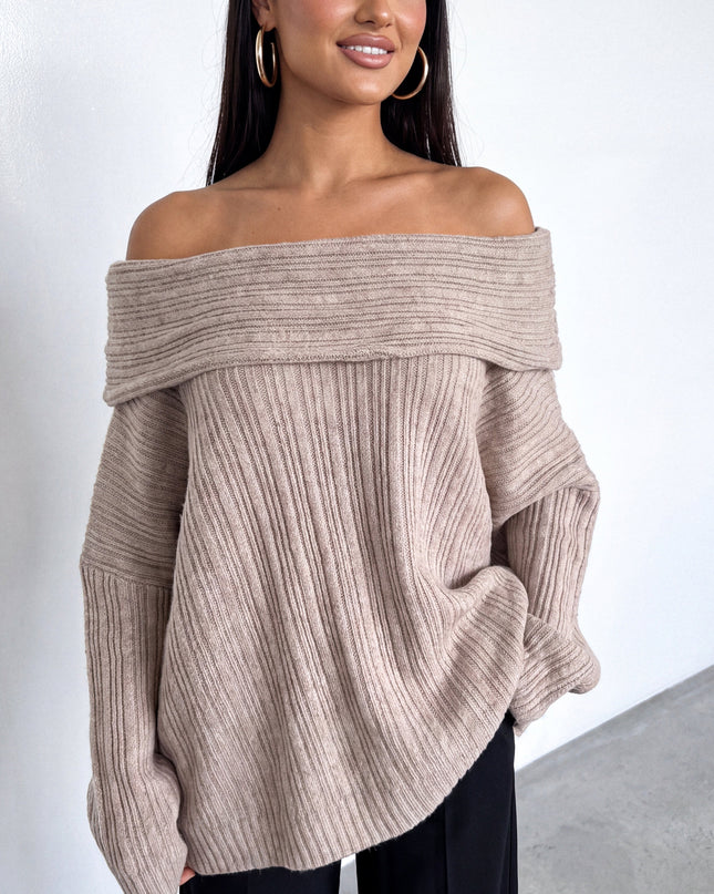 Taupe Beige Oversized Ribbed Off Shoulder Sweater