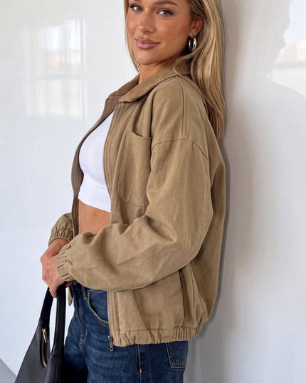 Beige Khaki Collar Zip Jacket