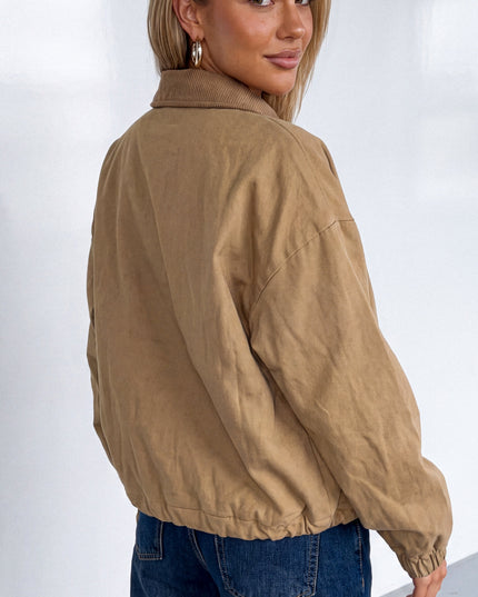 Beige Khaki Collar Zip Jacket