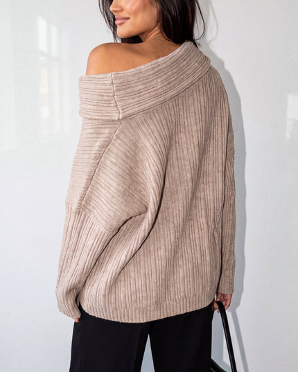 Taupe Beige Oversized Ribbed Off Shoulder Sweater