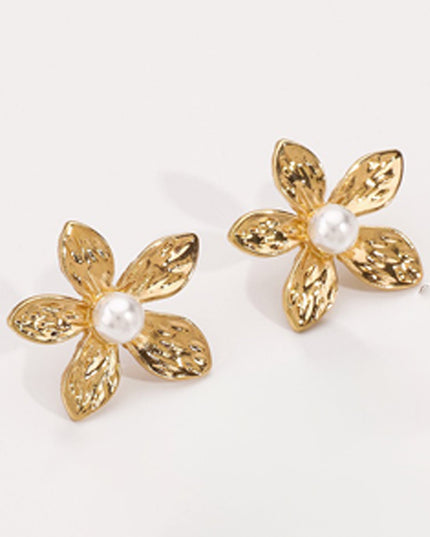 Gold Pearl Metal Floral Stud Earrings