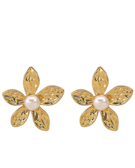 Gold Pearl Metal Floral Stud Earrings
