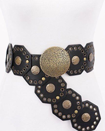 Black Luxe Gold Disc Faux Leather Boho Western Waist Belt