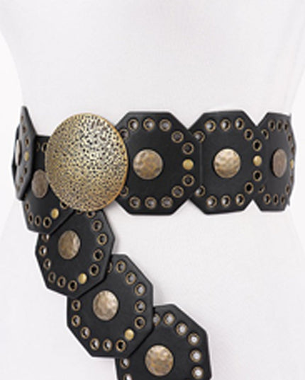 Black Luxe Gold Disc Faux Leather Boho Western Waist Belt