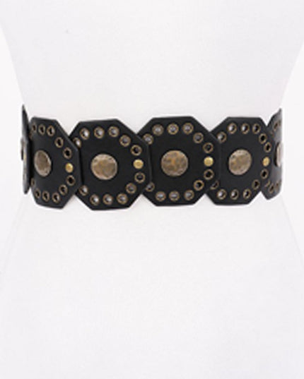 Black Silver Disc Faux Leather Boho Western Waist Belt