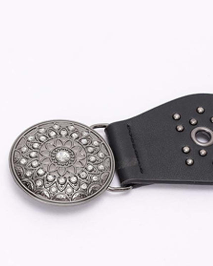 Black Silver Disc Faux Leather Boho Western Waist Belt