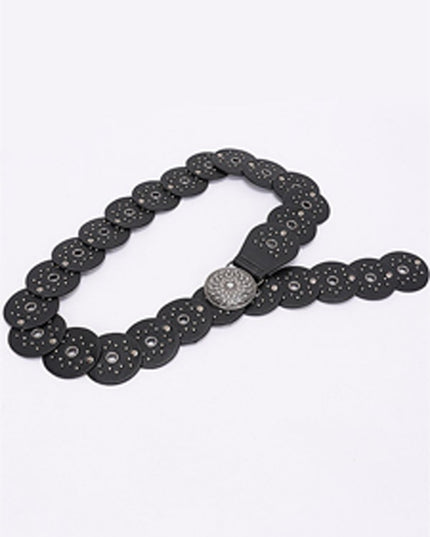 Black Silver Disc Faux Leather Boho Western Waist Belt