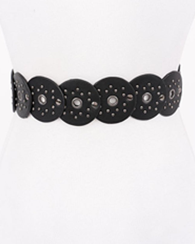 Black Silver Disc Faux Leather Boho Western Waist Belt