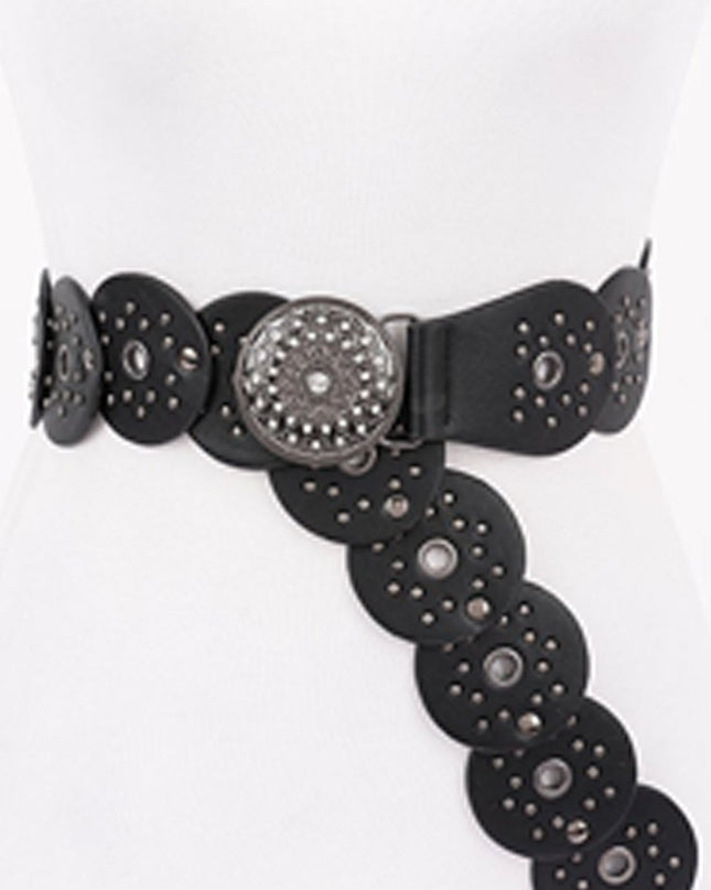 Black Silver Disc Faux Leather Boho Western Waist Belt