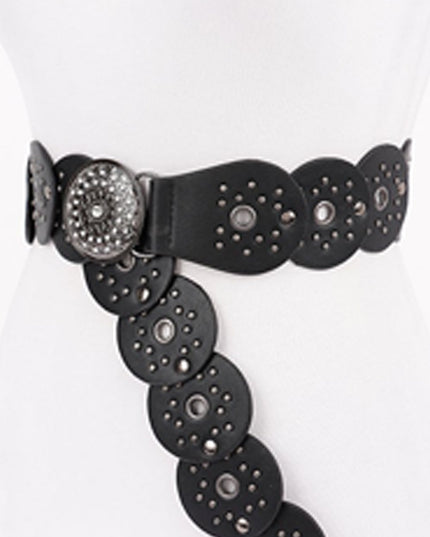 Black Silver Disc Faux Leather Boho Western Waist Belt