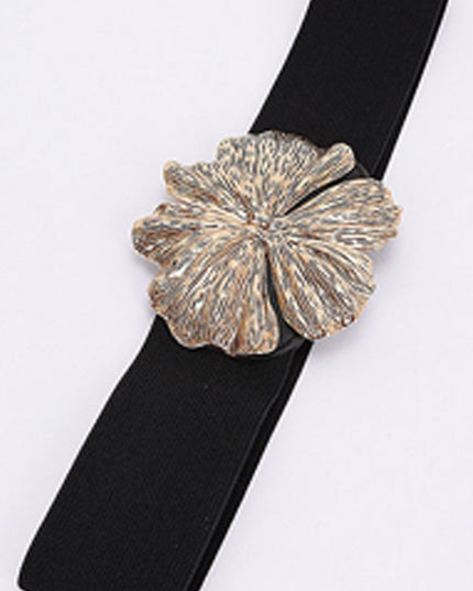 Black Flower Gold Metal Buckle Elastic Belt
