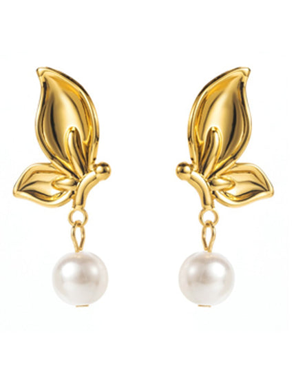 Gold Flower Pearl Drop Dangle 18K Earrings