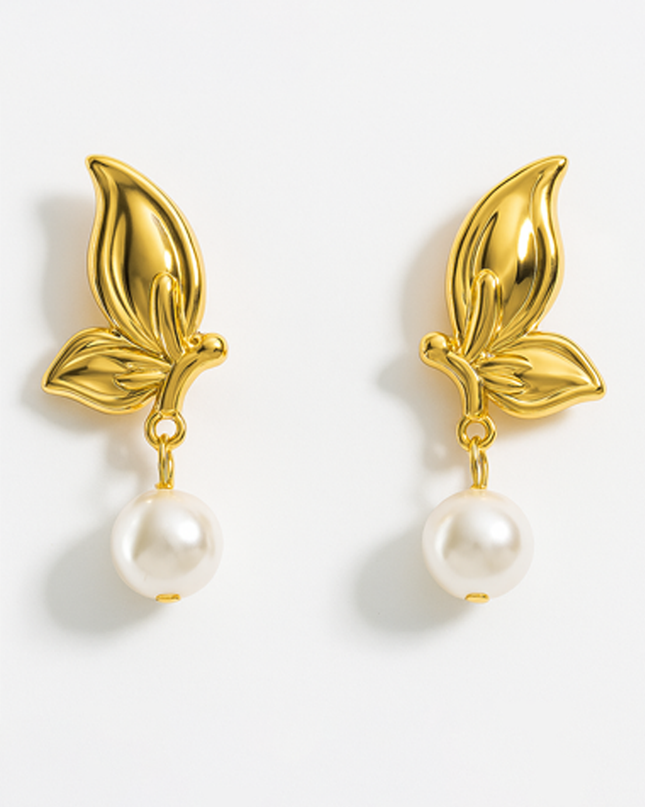 Gold Flower Pearl Drop Dangle 18K Earrings