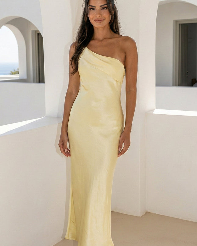 Butter Yellow One Shoulder Satin Maxi Dress