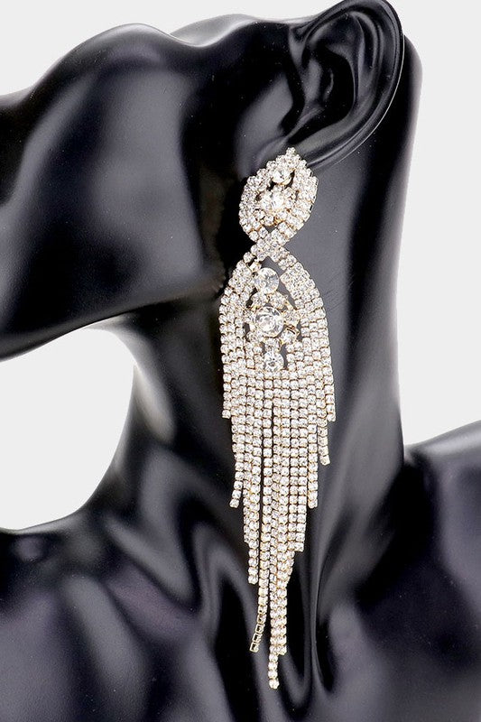 Silver Rhinestone Long Drop Statement Earrings