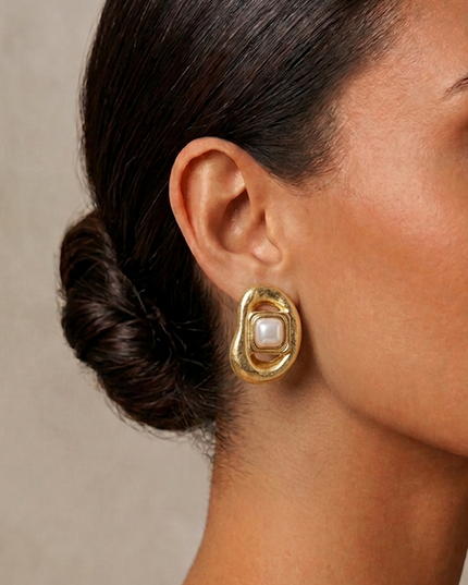 Gold Stone Pearl Earrings