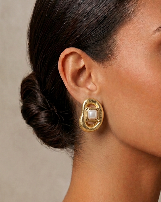 Gold Stone Pearl Earrings