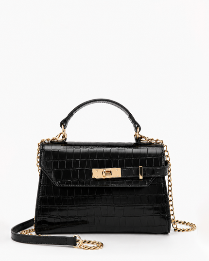 Black Faux Croc Top Handle Crossbody Bag