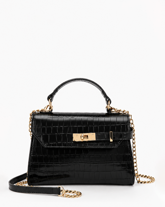 Black Faux Croc Top Handle Crossbody Bag