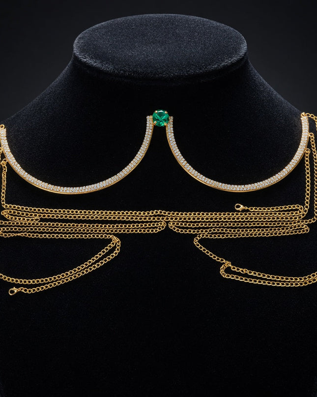 Gold Green Crystal Bra Chain