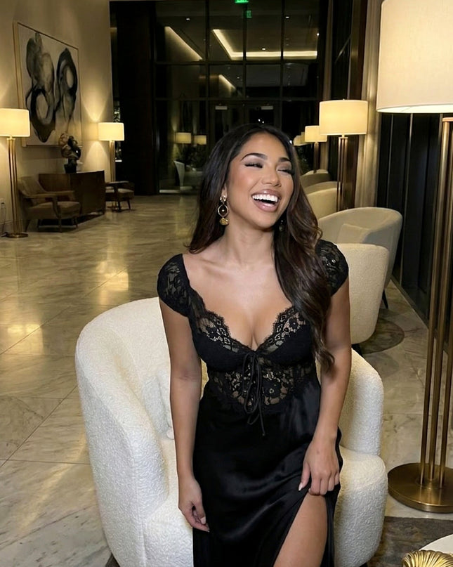 Black Lace Satin Maxi Dress