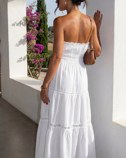 White Tiered Lace Strapless Maxi Dress