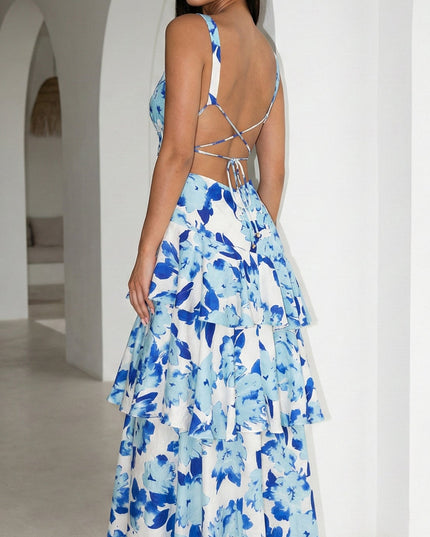 Floral Blue Floral Ruffled Maxi Dress