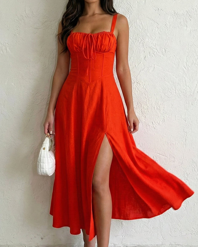 Red Corset Side Slit Midi Dress