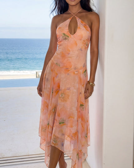 Orange Multi Floral Halter Asymmetric Midi Dress