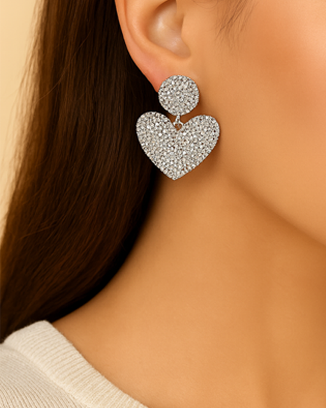 Silver Heart Rhinestone Earrings