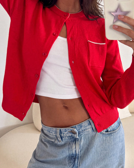 Red Contrast Trim Knit Cardigan