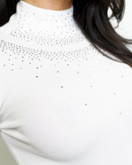 White Mock Neck Rhinestone Bodysuit