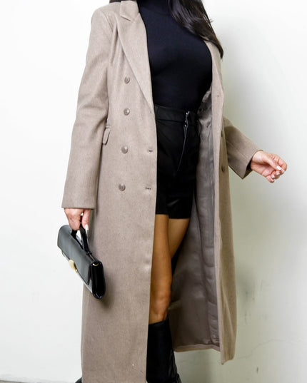 Mocha Double-Breasted Longline Notch Collar Coat