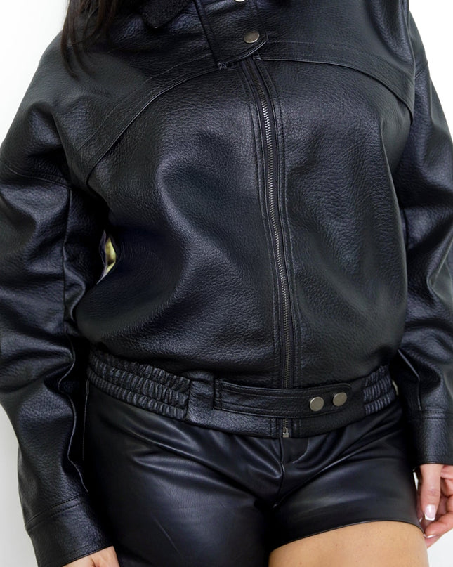 Black Collar PU Leather Jacket