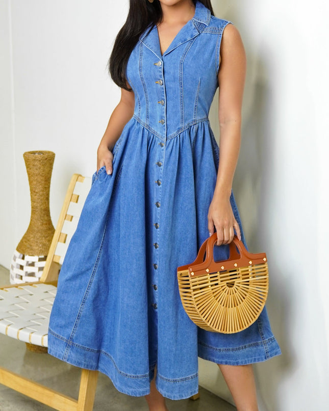 Blue Sleeveless Denim Midi Dress