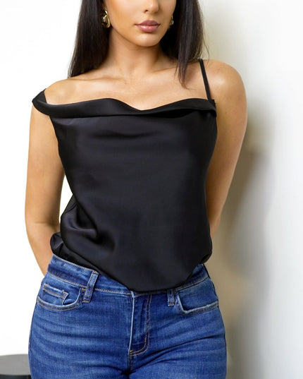 Black Satin Cowl Neck Bodysuit