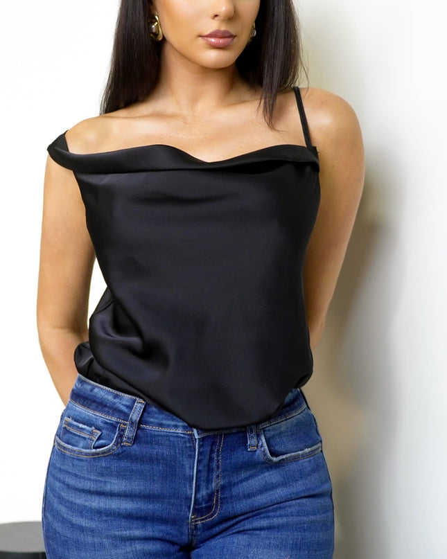 Black Satin Cowl Neck Bodysuit