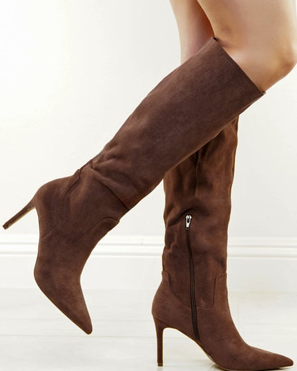 Brown Faux Suede Pointed Toe Boots