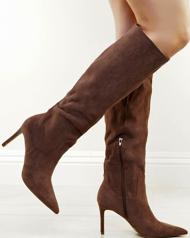 Brown Faux Suede Pointed Toe Boots