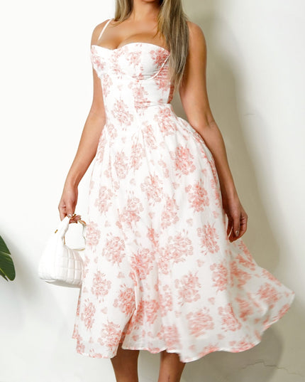White Orange Floral Flare Midi Dress