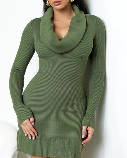 Green Cowl Neck Ribbed Mini Dress