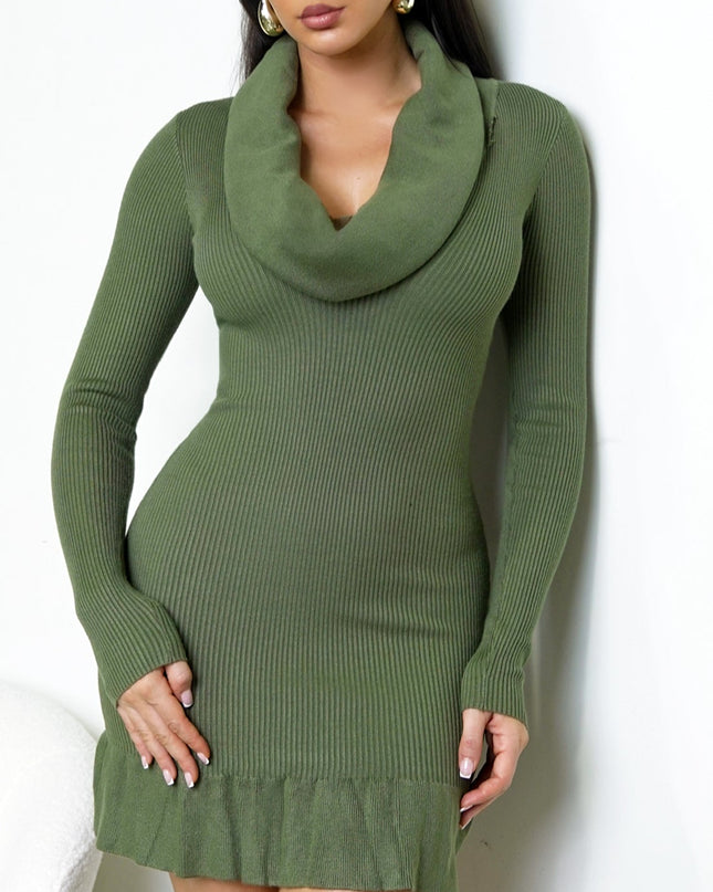 Green Cowl Neck Ribbed Mini Dress